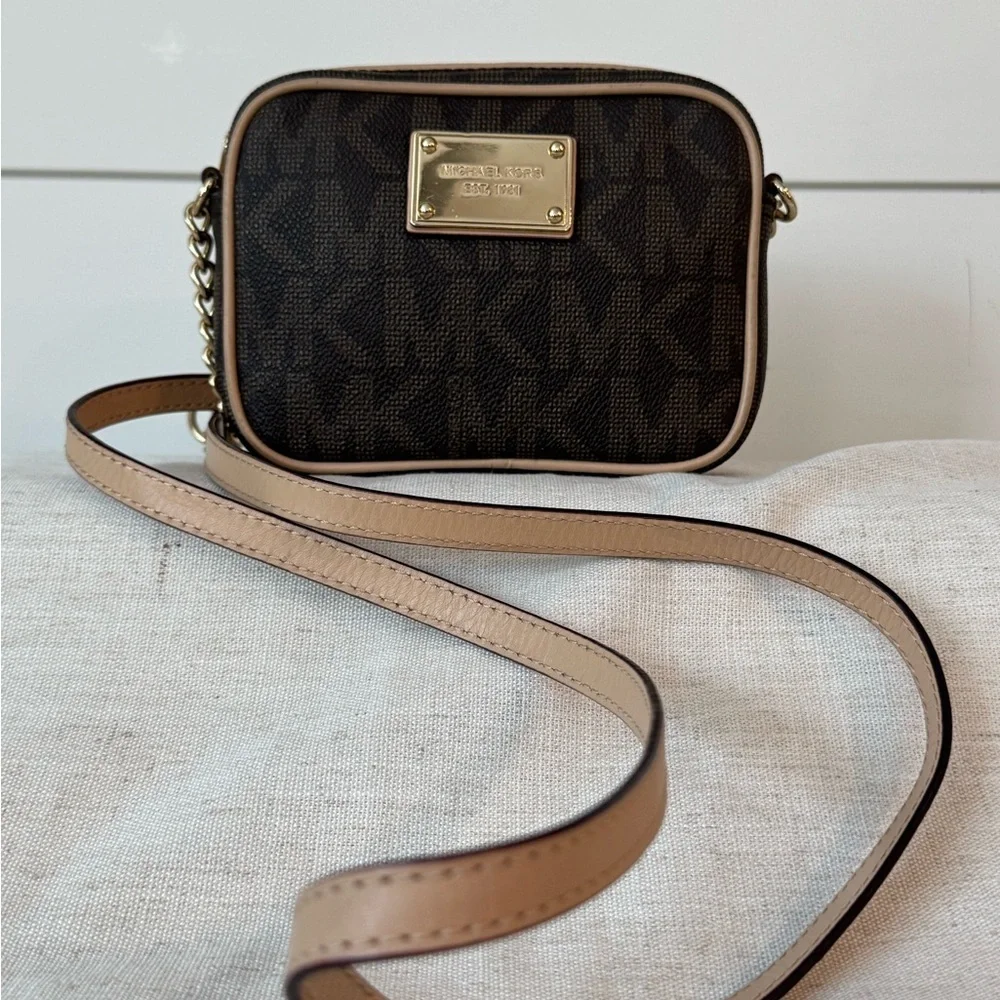 Michael Kors Dark Brown Monogram Camera Crossbody Bag with Gold Accents